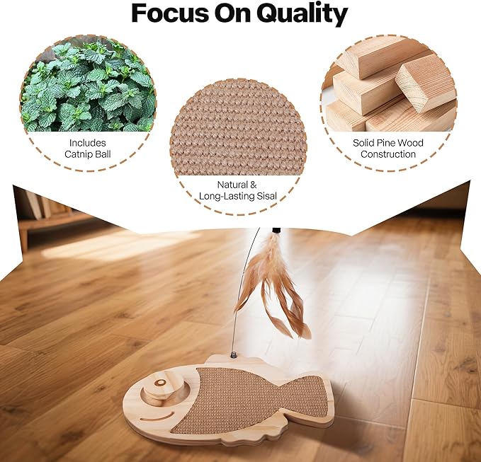 Pawise Cat Scratcher,Fish Shaped Cat Scratcher Toy,Natural Sisal Cat Scratching Board with Feather Teaser and Wooden Roller Ball Toy,Interactive Cat Toy for Indoor Cats (Fish)