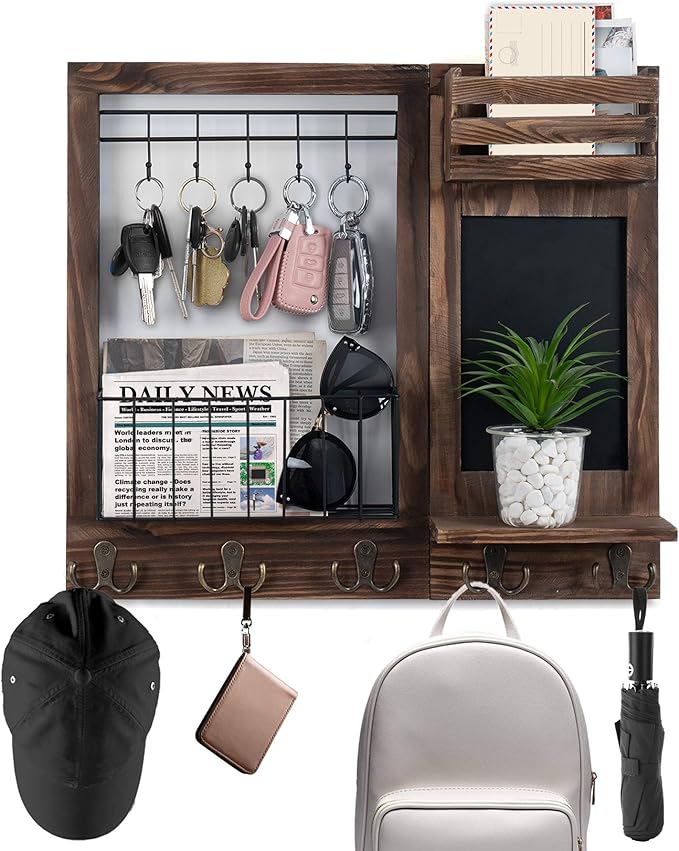 Key Holder for Wall, Mail Organizer Wall Mount with 5 Hooks and Shelf, Home Decorative with 5 Double Hooks and Chalkboard for Home Coat/Letter/Dog Leash/Entryway/Hallway/Living Room Decor