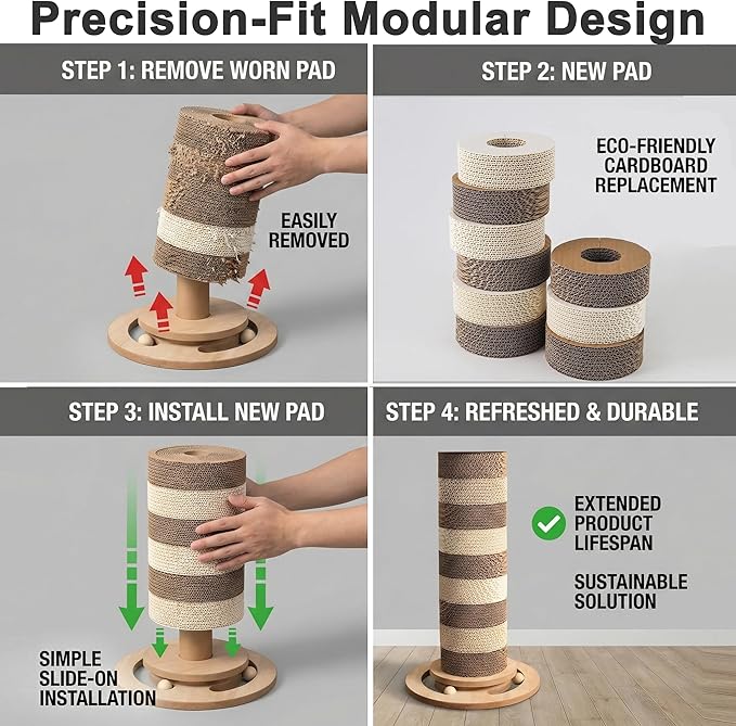 24” Cat Scratching Post, Stable Vertical Cat Scratcher for Indoor Cats, Durable Cardboard Design with Replaceable Blocks, Space-Saving Scratching Post