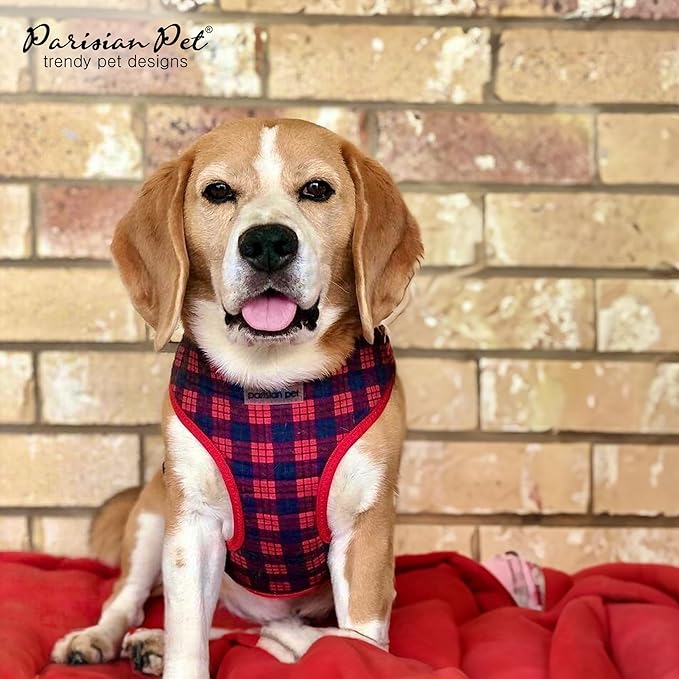 Parisian Pet Dog Harness - Adjustable Plaid Red Dog Vest Harness - 100% Mesh Fabric No Pull Puppy Harness - Cooling Dog Harness for Large Dogs - Idle for Walking, Running, and Hiking - XL