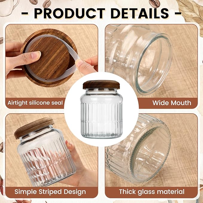 6 Pack Vintage Glass Jars with Wooden Lids 33.8 oz Airtight Glass Canisters Storage Containers Large Food Canisters for Pantry Coffee Spice Grains Tea Sugar Flour Kitchen(Stylish Ribbed)