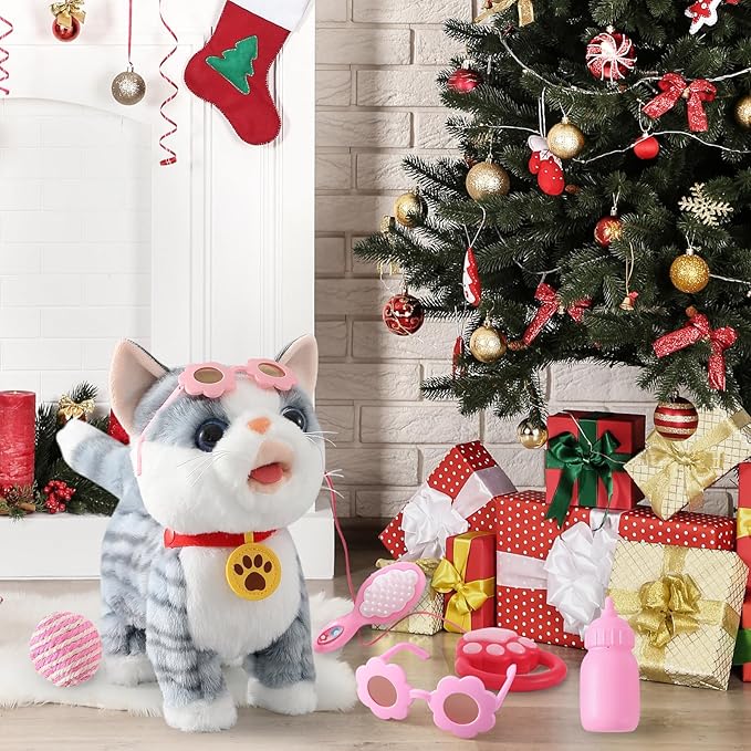 Gray Walking Cat Set Interactive Toy Cat for Girl Repeat What You Say Toy Kitten Talking Singing Dancing Touch Control Robot for Kid with Leash Wagging Tail Nodding Plush Electric Kitty