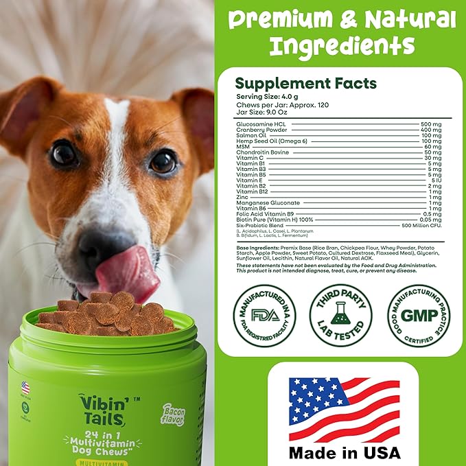 Vibin’ Tails 24-in-1 Dog Multivitamin, Glucosamine Chondroitin Hip & Joint Support, Probiotics & Omega-3, Skin & Coat - Puppy & Senior Chewable Dog Vitamins & Supplements Vet Formulated- 120ct Chicken