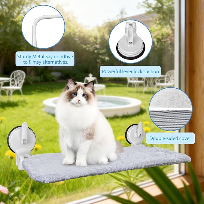 L&W BROS. 2PC Cat Window Perch with Lever Lock Suction Cups Holds up to 50 lbs Foldable & Space Saving Design Heavy Duty Window Hammock for Large or Multiple Cats (L 2Pc)