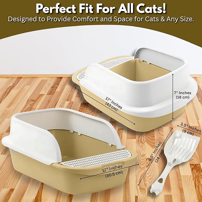 Large Open-Top Cat Litter Box with High Sides, Enclosed Scatter Shield Design, Easy Clean Plastic Litter Pan, Includes Scoop (Pale Beige)
