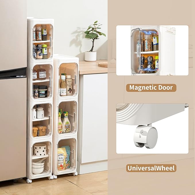 Narrow Bathroom Storage Cabinet with Wheels,3 -Tier Plastic Slim Organizer with Adjustable Shelves for Small Spaces,Bathroom, Kitchen, Milky White