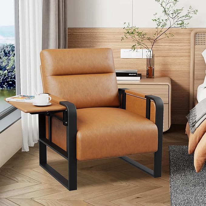 Modern Brown Accent Chair PU Leather Upholstered Armchair with Tray Table for Bedroom Living Room Chairs Office Chair