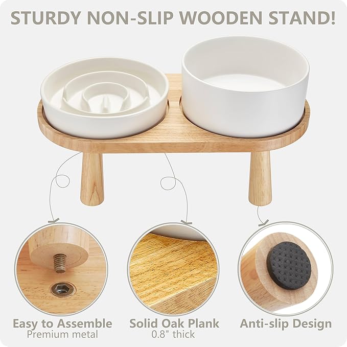 Ceramic Slow Feeder and Water Bowl Set for Medium and Large Dogs, 8.0 Inches Ceramic Dog Bowls Elevated with Wooden Stand, 2.0 Cups Dog Slow Feeder(30oz) and 70oz Water Bowl Set, White