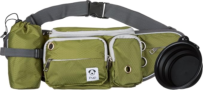 Dog Treat Pouch with Poop Bag Holder, Water-Resistant Fanny Pack with Collapsible Bowl & Bottle Holder – Olive Green Waist Bag for Training, Hiking, Walking – Fits All Phones, Large Size
