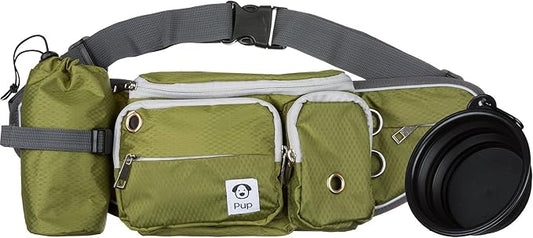 Dog Treat Pouch with Poop Bag Holder, Water-Resistant Fanny Pack with Collapsible Bowl & Bottle Holder – Olive Green Waist Bag for Training, Hiking, Walking – Fits All Phones, Large Size