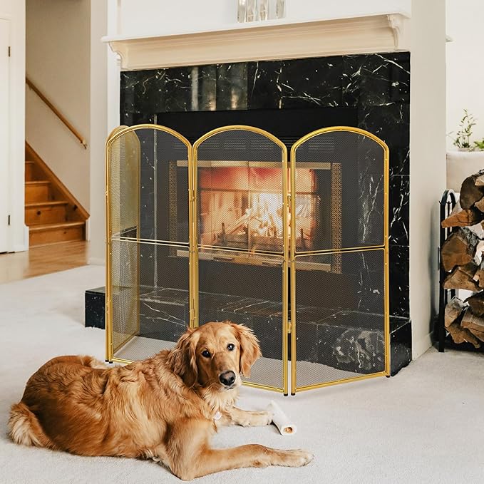 4-Panel Gold Fireplace Screen,47.8" W x 31" H,Foldable Fire Spark Guard with Wrought Metal Mesh,Modern Decorative Fire Place Gate for Living Room,Baby and Pet Proof,Home Decor,Easy Assembly