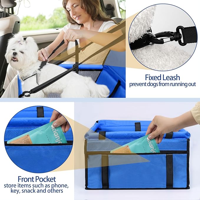 PetsHome Dog Car Seat Foldable Dog Car Booster Seat Waterproof Breathable Oxford Travel Bag for Small to Medium Dogs, Puppies, and Pets-Pure Blue