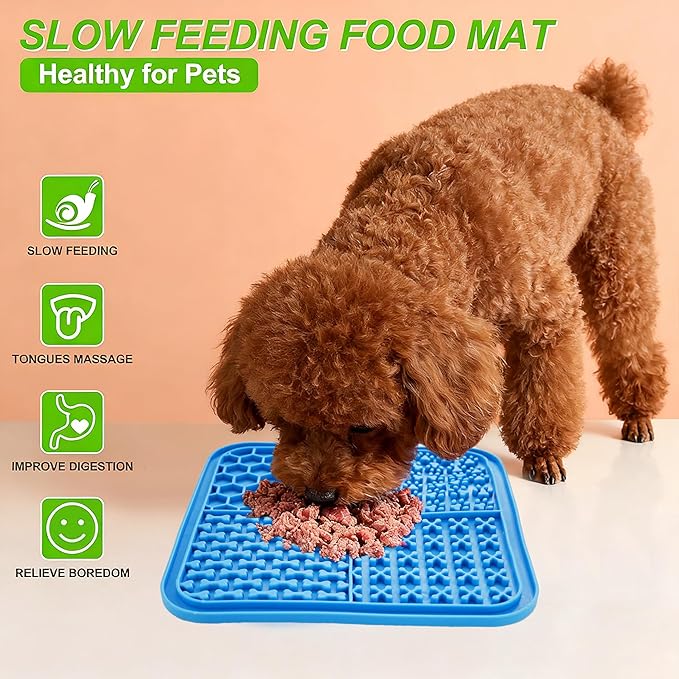 Lick Mat for Dogs & Cats 5 PCS Set 2 Slow Feeder Lick Mats with Suction Cups, Cat Strip Feeder, Scraper & Brush, Dog Lick Mat for Anxiety Relief & Peanut Butter Pad for Grooming & Boredom