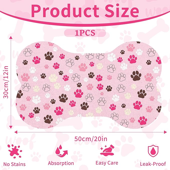 Pet Dog Cat Food Mat, Absorbent Bone Shaped Dog Bowl Mats for Food and Water, Non Slip Cute Dogs Cat Placemats Feeding Mat with Rubber for Floors Indoor Puppy Pet Accessories Supplies 12"x20" Pink