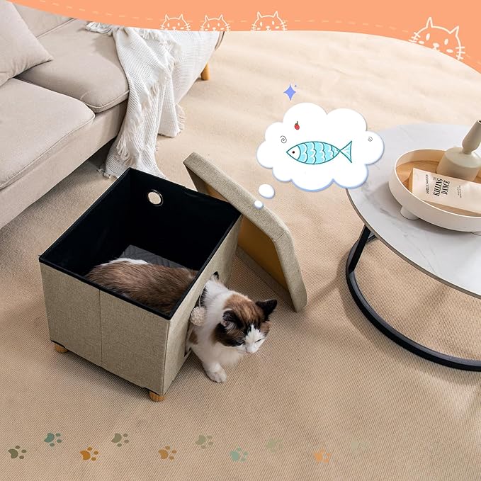 BRIAN & DANY Foldable Cat House, Cat Cave, Cat Cube with Scratch Board & Ball, 14.7" x 14.1” x 12.7”, Light Khaki