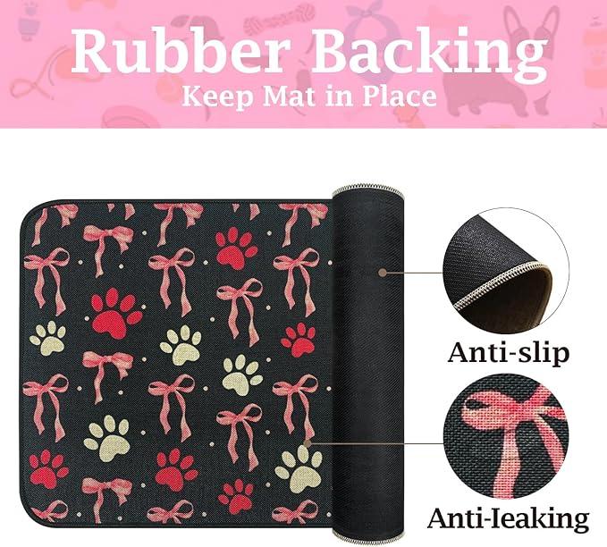 SHIYUE Dog Food Mats for Floors, Absorbent Cat Bowl for Food and Water, Non-Slip Accessories Pet Supplies(12"x20",Black Bow Footprint)