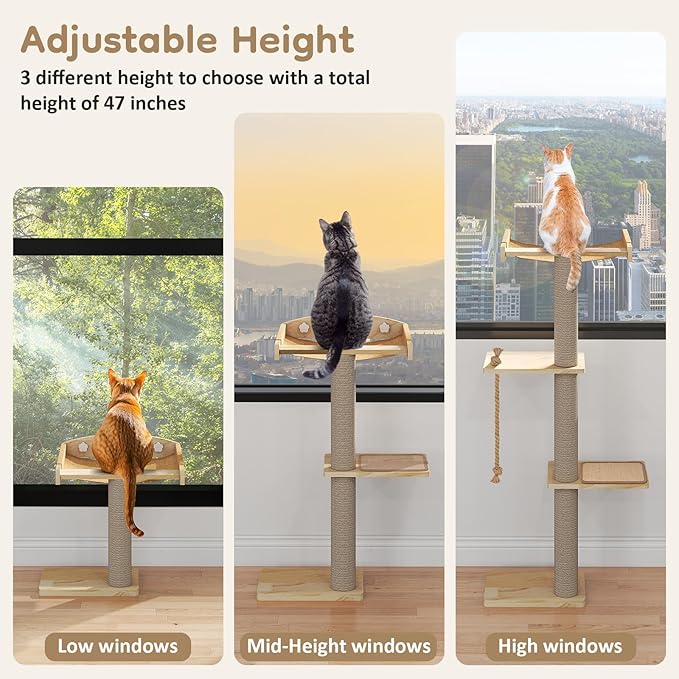 Cat Window Perch with Scratching Post, 47" Adjustable Window Perch for Large Cats with Hammock, Sisal Scratching Posts, Suction Cups, Multi-Level Cat Tree for Climbing, Sunbath, Bird Watching