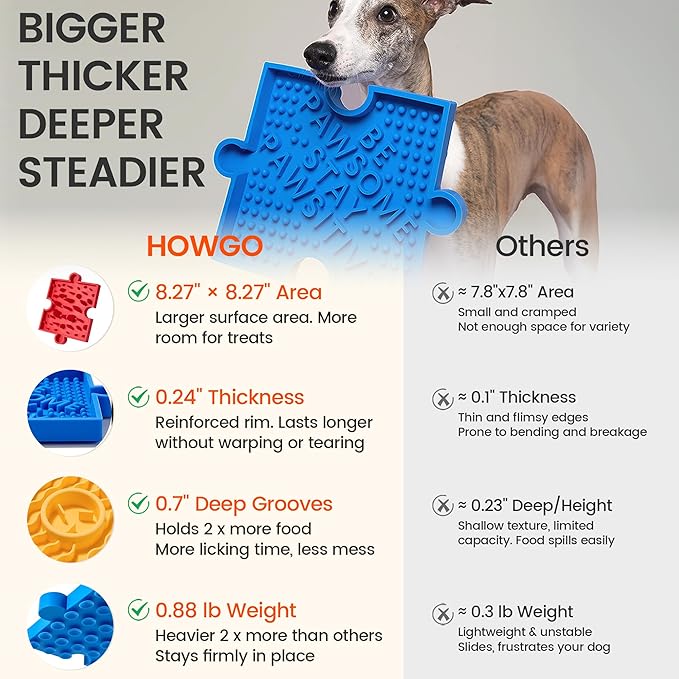 HowGo Puzzle Slow Feeder Lick Mat for Dogs, 38+ Suction Cups|Non-Slip Heavy Duty Maze Enrichment Bowl BPA-Free Silicone|Reduce Boredom Anxiety Free Combination (2PCs, Blue&Yellow)