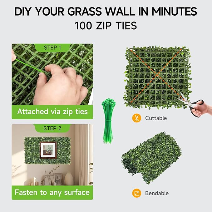 Artificial Grass Wall Panels, 8 PCS 10"x10" Boxwood Hedge Wall Panels with 100 Zip Ties, Boxwood Panels Backdrop for Outdoor Indoor Decorative Garden Fences Backyard Patio Privacy Hedge