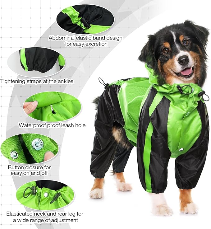 Dog Raincoat - Waterproof, Lightweight Jacket for Large Dogs - Adjustable 4 Legs Pet Poncho With Hood - Snow-Proof Vest With Leash Hole