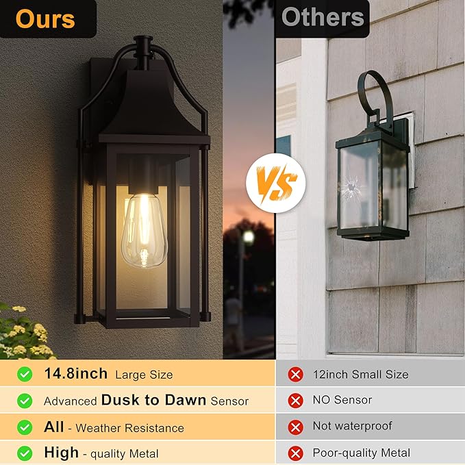 Dusk to Dawn Outdoor Wall Light, Waterproof Wall Sconces, Exterior Wall Mount Lantern Sconce with Glass, Oil Rubbed Bronze Patio Lanterns for House Garage Front Door, 14.8in, 1 Pcak
