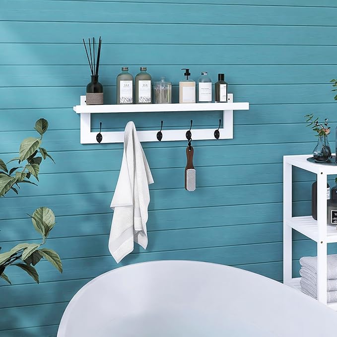 SMIBUY Coat Hooks with Shelf Wall-Mounted, 29.2 Inch Entryway Coat Rack for Wall, Bamboo Hanging Shelf with 5 Double Metal Hooks for Bathroom, Bedroom, Kitchen, Living Room (White + Black)