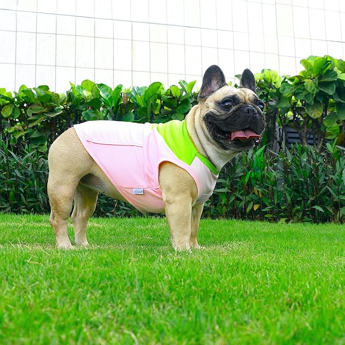 iChoue French Bulldog Summer Cooling Shirt for Dogs UV Sun Protection Vest Sleeveless Breathable Tank Top English Pug Pink Green - Medium