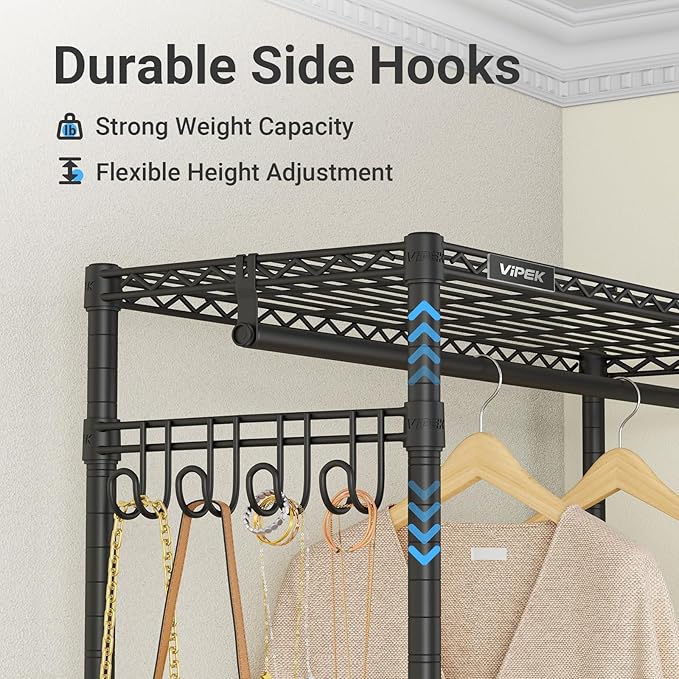 VIPEK R2C Medium Heavy Duty Clothes Rack Rolling Garment Rack with Cover Adjustable Clothing Rack for Hanging Clothes Portable Closets with Double Rods, Black Rack with Black Upgarded Polyester Cover