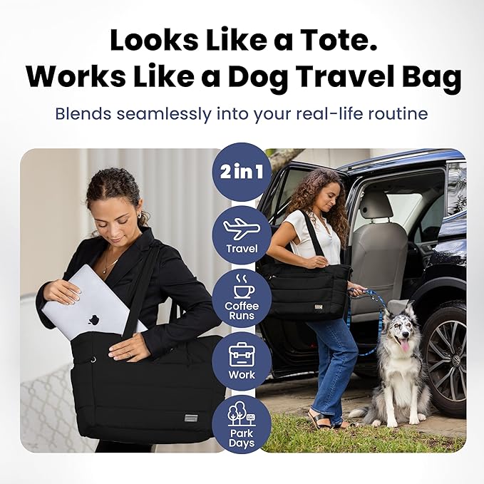 Puffer Dog Travel Bag for Dog Moms – Doggy Diaper Bag with Pet Bowls & Food Storage or Everyday Puffy Tote – Christmas Doggy Mom Gifts for Women – Lightweight, Travel-Ready Gift for Pet Lovers - Black