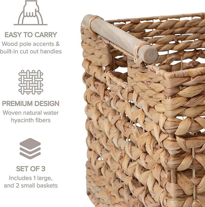 RGI Home Water Hyacinth Storage Baskets - Set of 3 Woven Decorative Baskets, Multi-size Organizers for Household Storage, Home Office, Pantry, Kitchen, Laundry, with Handles & Wood Accents, Natural