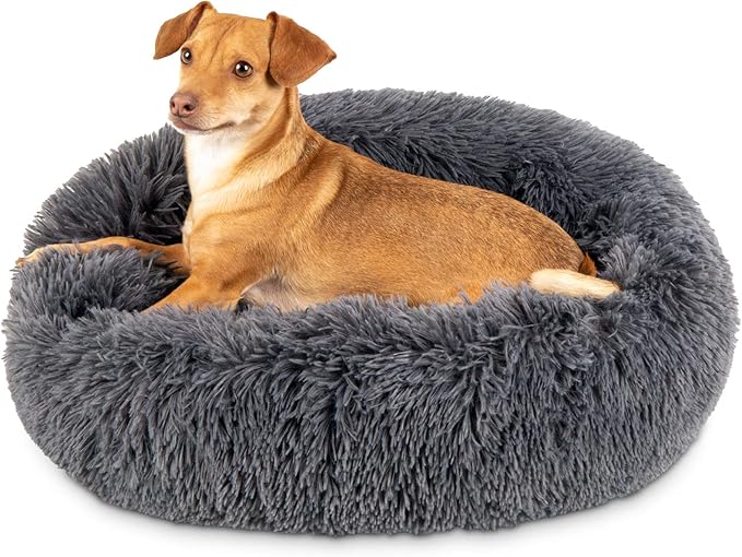 Best Choice Products 23in Dog Bed Self-Warming Plush Shag Fur Donut Calming Pet Bed Cuddler w/Water-Resistant Lining, Raised Rim - Gray
