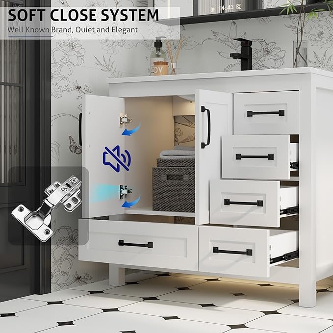 eclife 36" Bathroom Vanities with Sink Combo, Modern Thickened Wood Bathroom Storage Cabinet w/Undermount Sink, Matte Black Faucet Drain, Painted Surface, White