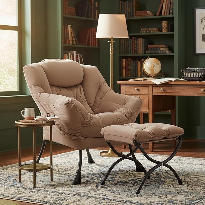 Welnow Lazy Chair with Ottoman, Modern Lounge Accent Chair with Armrests and a Side Pocket, Leisure Sofa Chair Set, Reading Chair with Footrest for Small Space, Corner Chair, Dark Brown