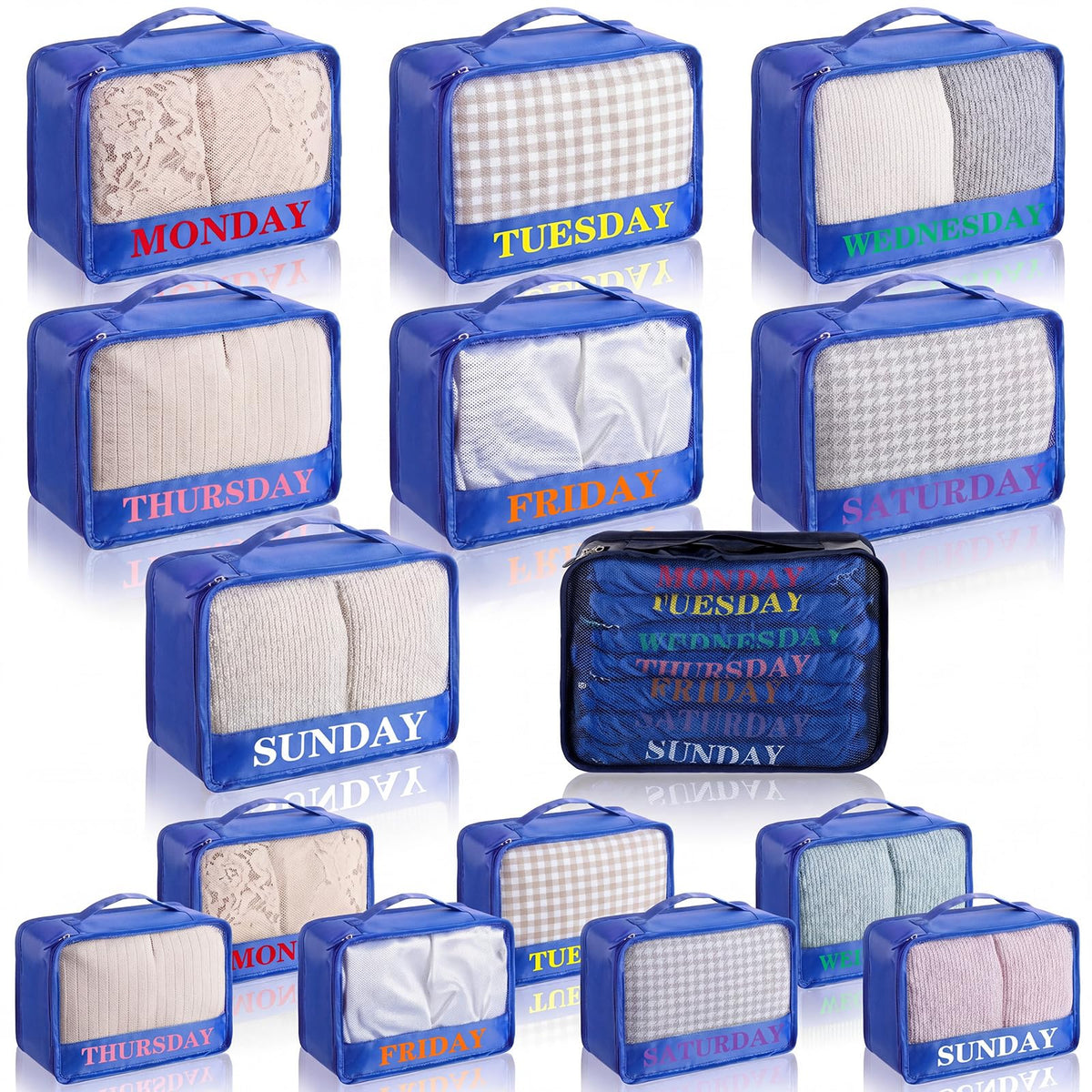 15 Pcs Day of Week Packing Cubes Travel Kids, 9x7x3inch, Blue