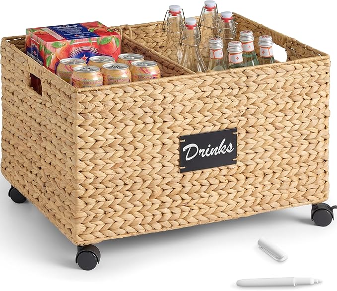 Best Choice Products Rolling Pantry Storage Basket Organizer W/Chalkboard Label, Open Handles, Removable Divider, Water Hyacinth Bin for Kitchen, Bedroom, Office, Kids' Room, Laundry Room - Natural