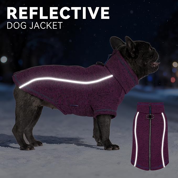cyeollo Warm Dog Sweater with Zipper, Doggy Reflective Highneck Jackets with D Ring Step in Dog Winter Coats Fleece Female Stretchy Dogs Sweaters Pet Clothes for Medium to Large Dogs, Purple 2XL