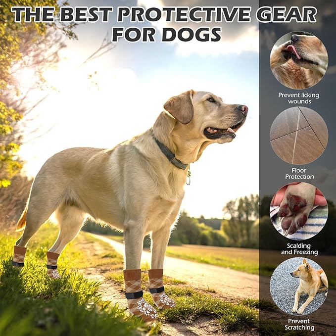 EXPAWLORER Dog Socks for Cold Winter Snow to Prevent Licking Paws, Anti Slip Doggie Booties Grippy Shoes for Hardwood Floors, Boots & Paw Protectors for Small Medium Large Senior Dogs Khaki M