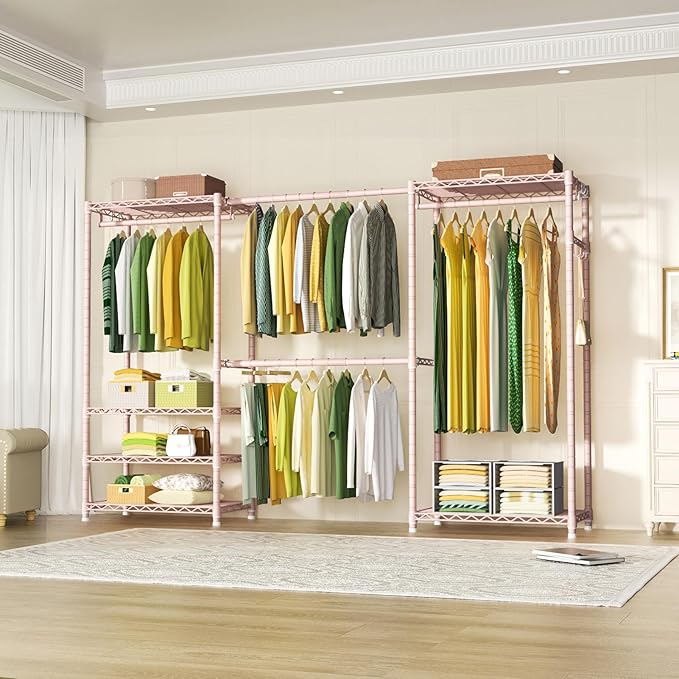 Ulif E1 Heavy Duty Closet Garment Rack, 6 Tiers Adjustable Metal Freestanding Expandable Clothing Storage with 4 Hanger Rods, Easy to Assemble Wardrobe, 71.4" H x (70" - 88.2") L x 14" D, Pink