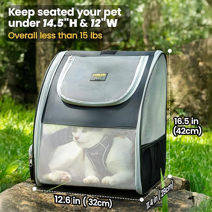 Cat Backpack Carrier for Small Dogs and Cats Fit Up to 15 Lbs,Small Dog Backpack, Expandable & Foldable with 3-Side Mesh Windows, Pet Carrier for Travel & Hiking Friendly，Gray