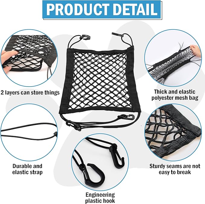 Dog Car Net Barrier - Car Barrier for Dogs & Kids Safety -Stretchable Dog Net for car - Universal Fit for Cars, SUVs,Trucks -Easy to Install - Divider for Driving Safely with Children & Pets