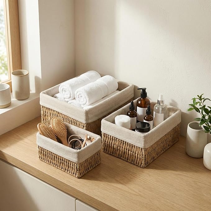 Set of 3 Wicker Storage Baskets for Shelves with Removable Linen Liner, Nesting Woven Organizer Bins for Pantry, Bathroom Counter, Closet, Dresser
