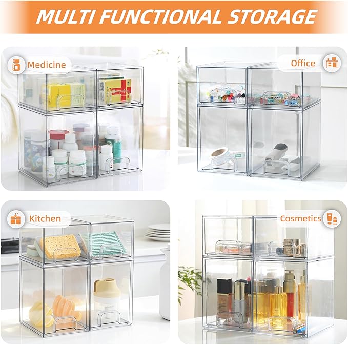 Baby Bottle Organizer, 4 Pack Bottle Storage Organizer Baby with Labels, Clear Stackable Storage Drawers for Bottles, Nipples, Pump Parts, Bottle Station Organizers for Countertop and Cabinet