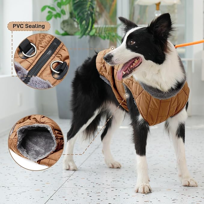 Warm Fleece Dog Coats with Durable Harness Buitl in D-Ring,Waterproof Puppy Jacket for Small Dogs,Dog Vest for Cold Winter,Burnished Khaki M