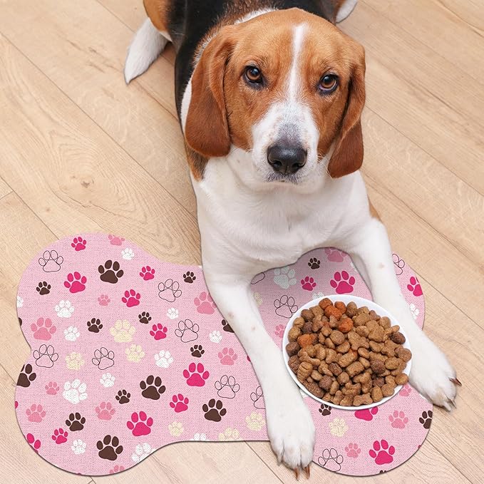 Pet Dog Cat Food Mat, Absorbent Bone Shaped Dog Bowl Mats for Food and Water, Non Slip Cute Dogs Cat Placemats Feeding Mat with Rubber for Floors Indoor Puppy Pet Accessories Supplies 12"x20" Pink