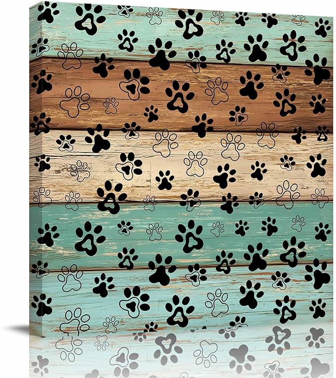 Framed Canvas Wall Art for Living Room Dog Paw Print Wall Decor, Retro Brown Teal Green Wood Grain Aesthetic Paintings for Bedroom Office Kitchen Bathroom, Ready to Hang Wall Pictures 24x24 Inch