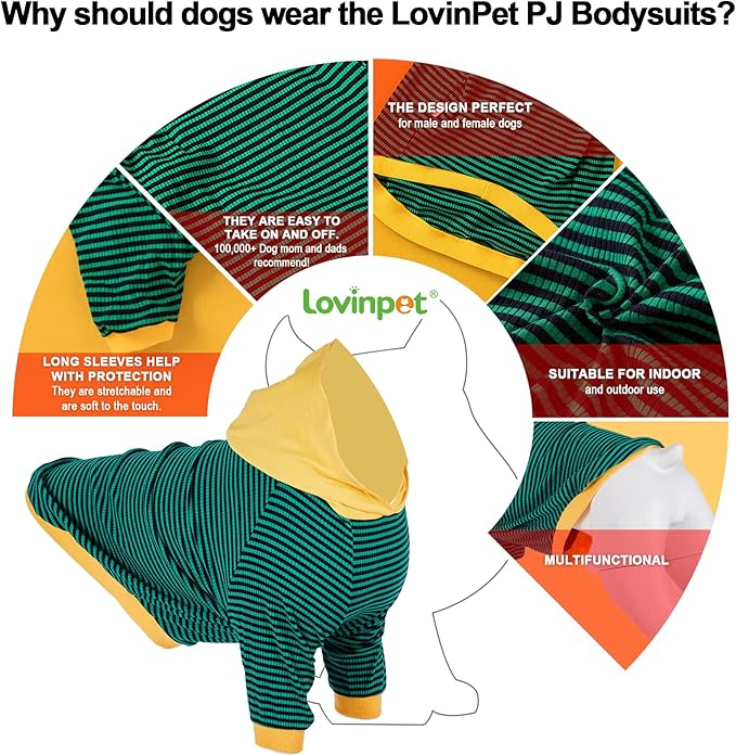 LovinPet Large Dog Pajamas, Cotton Green Stripe Dog Shirt, Pet Pajamas for Dogs, Onesies for Dogs, Stop Shedding for Dogs, Pitbull Shirt, Pet PJ's, 3XL