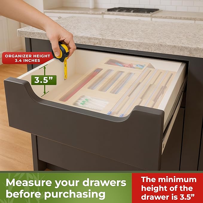 Bamboo Storage Bag Organizer, 9 in 1 Sandwich Bag Organizer & Foil Wrap Dispenser with Labels – Fits Gallon, Quart, Snack [Measure Your Drawer Before Ordering]