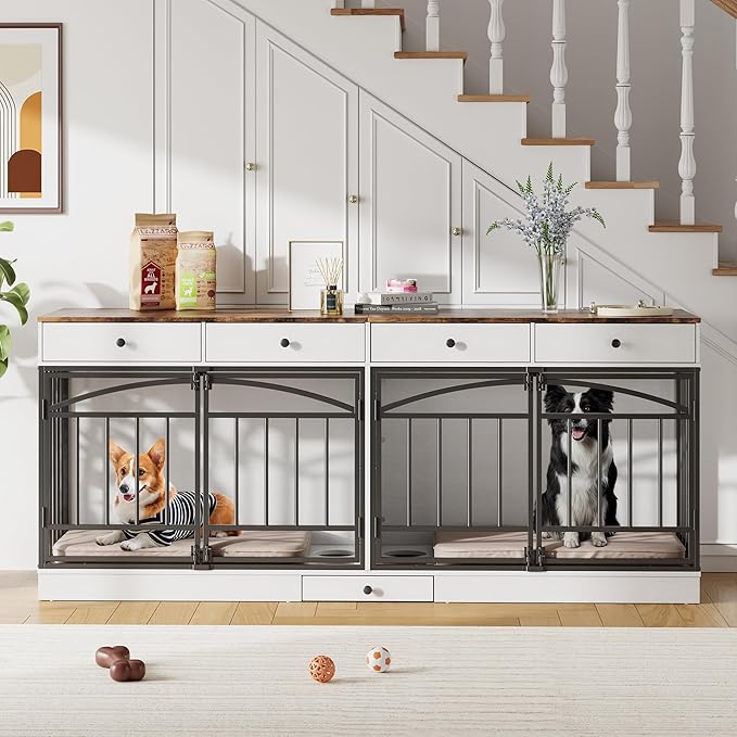 GarveeHome Dog Crate Furniture for 2 Dogs, Dog Kennel Indoor with 4 Storage Drawers and Feeding Bowls, Double Dog Crate TV Stand for Small Medium Dogs, White