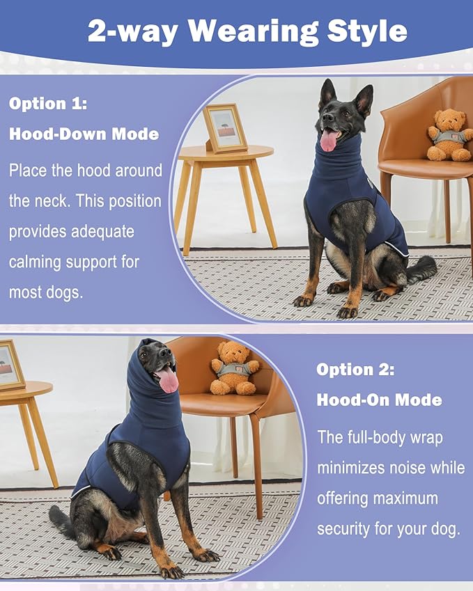 Dog Anxiety Vest with Hood, Skin-Friendly Thunder Jacket for Dogs, All-in-One Dog Calming Shirt with Hood for Thunder, Fireworks, Separation - Keep Pet Calm Without Medicine, Dark Blue, L