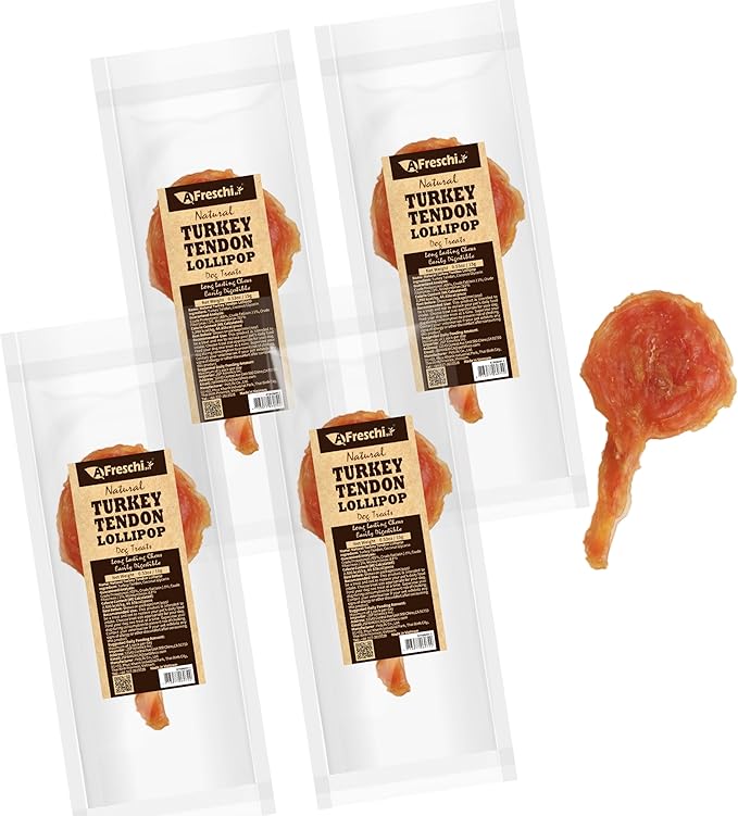 AFreschi Turkey Tendons for Dogs, USA-Sourced, Healthy Dog Treats, Rawhide-Free Puppy Chews, Long Lasting, All Natural, Hypoallergenic Dog Treats for Small Breeds, 4 Count Pack Lollipop (S)